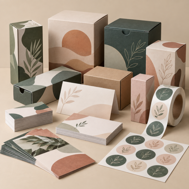 Scale-up business bundle with printed boxes, labels, business cards, flyers and packaging sleeves